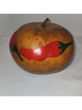 Hand-Painted Gourd Bowl With Lid Red Chili Pepper Design 8" Diameter